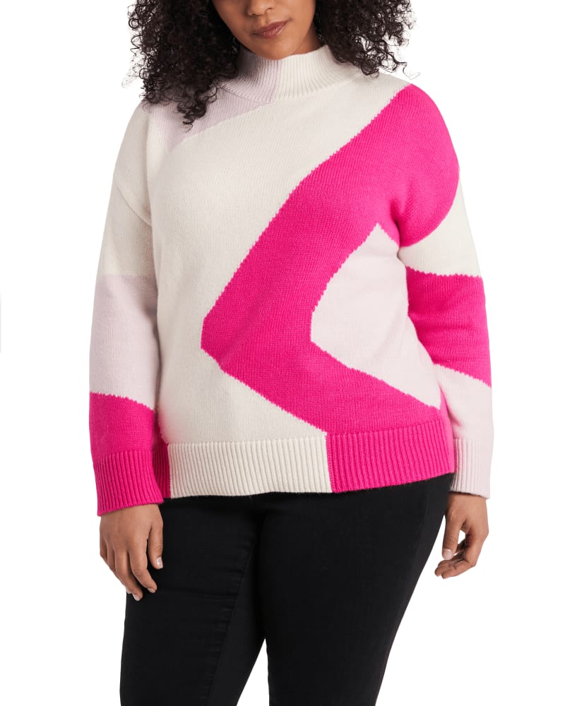 Front of a model wearing a size 1X Madison Abstract Mock Neck Sweater in Legacy Pink by Vince Camuto. | dia_product_style_image_id:261364